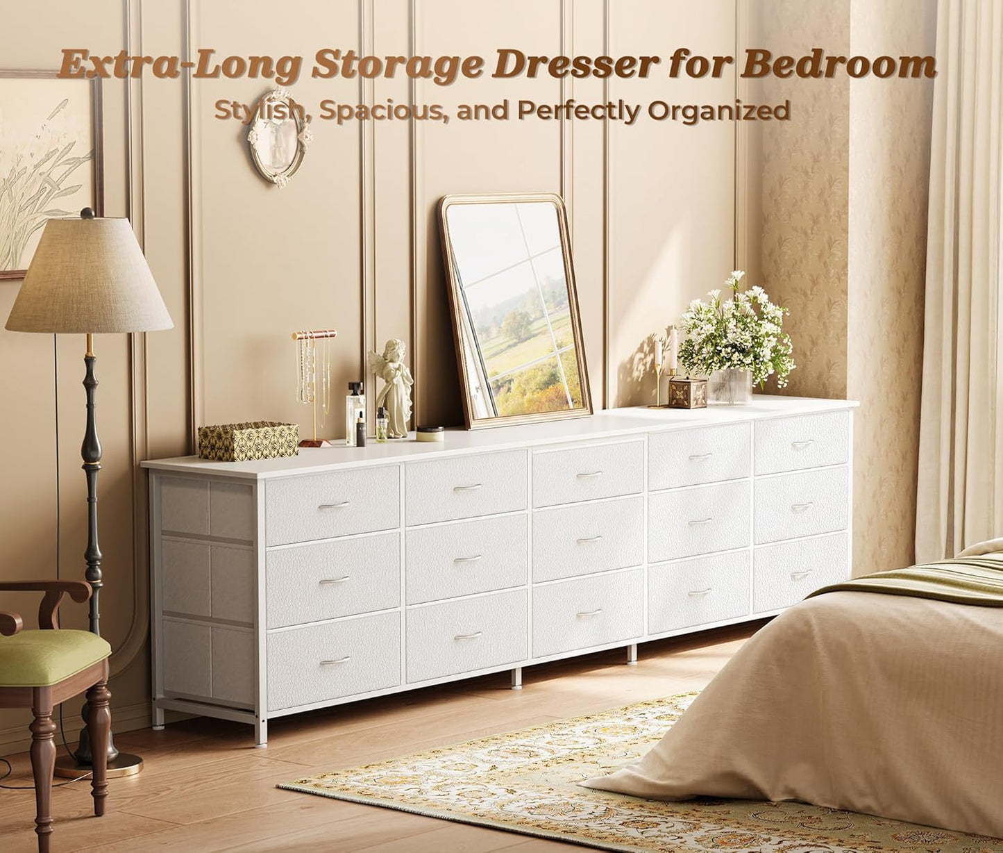 78.7 Inch Long Dresser for Bedroom, 15 Drawer Fabric Dresser for Closet, Large TV Stand for 65, 75, 85 Inch TV, Wide Chest of Drawer with Storage, 78.7" W X 12.9" D X 26.7" H, White