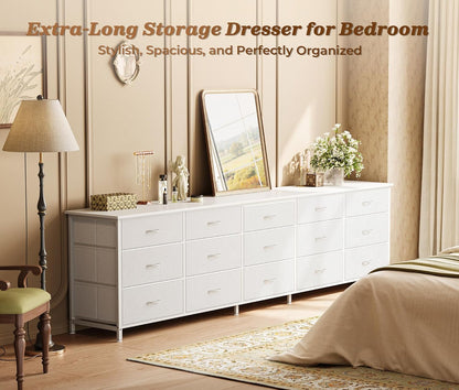 78.7 Inch Long Dresser for Bedroom, 15 Drawer Fabric Dresser for Closet, Large TV Stand for 65, 75, 85 Inch TV, Wide Chest of Drawer with Storage, 78.7" W X 12.9" D X 26.7" H, White