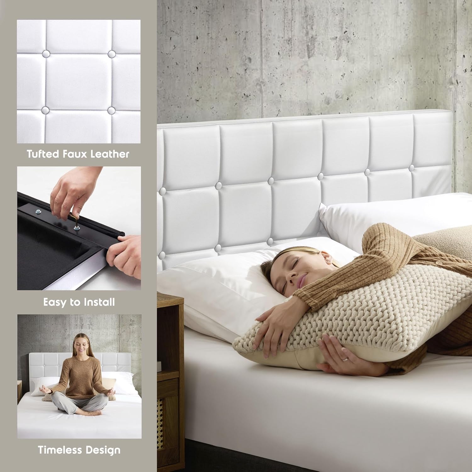 Twin Headboard Only, Button Tufted Headboards, Upholstered Bed Headboard, Wall Mounted, Adjustable Height 34”-42”, Modern Headboard Twin Size, White