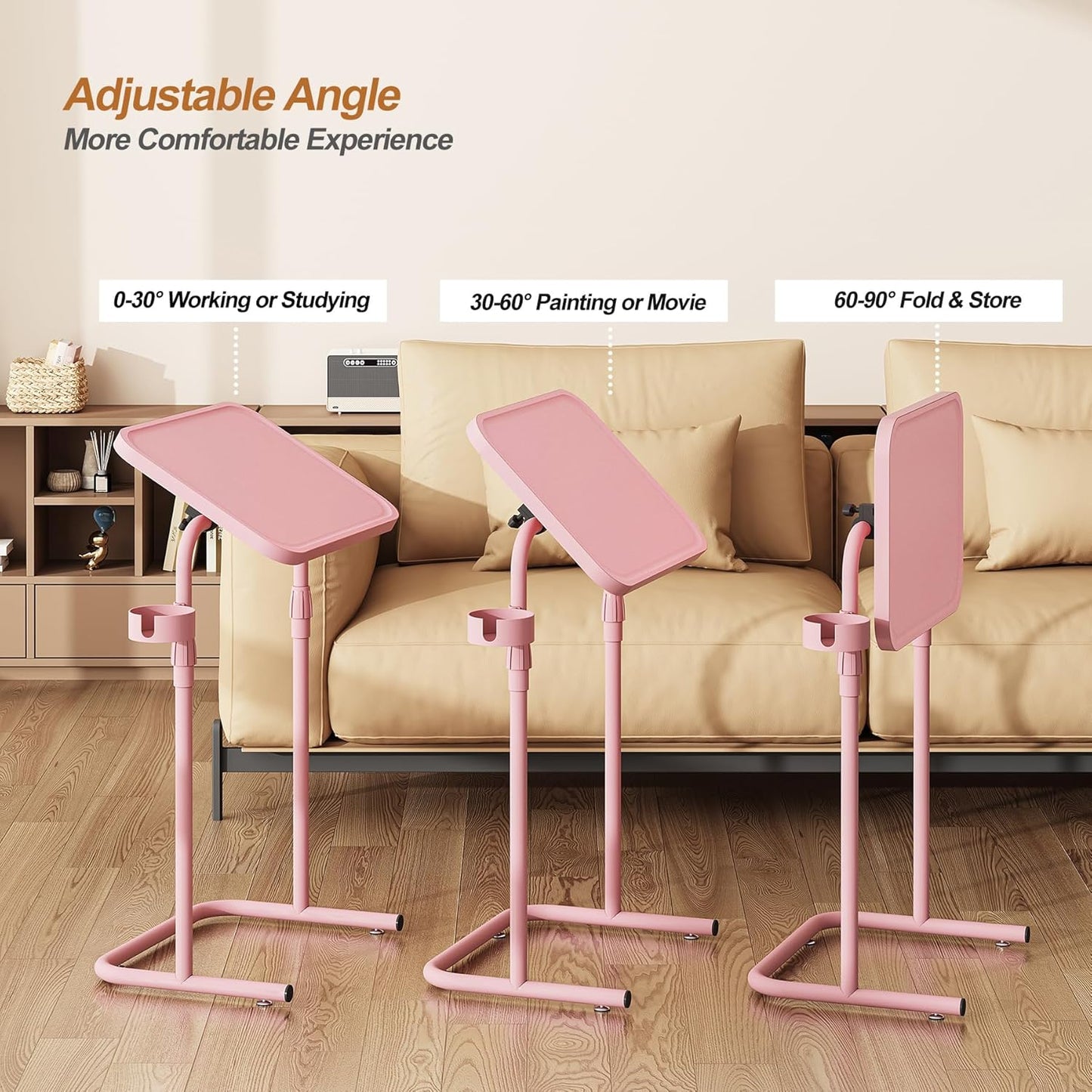 C Shaped End Table with Tiltable Surface, Adjustable Height Side Table, Slide under Couch Table TV Tray for Eating, Sofa Tray for Livingroom, Bedroom Pink TB01BP091