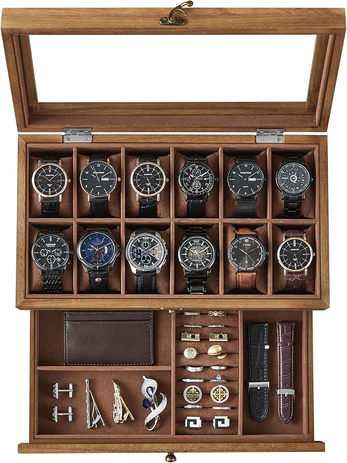 8-Slot Watch Box, 2-Tier Watch Display Case with Large Glass Lid, Removable Watch Pillows, Velvet Lining, Jewelry Box, Gift Idea, Ebony Black UJOW008B01
