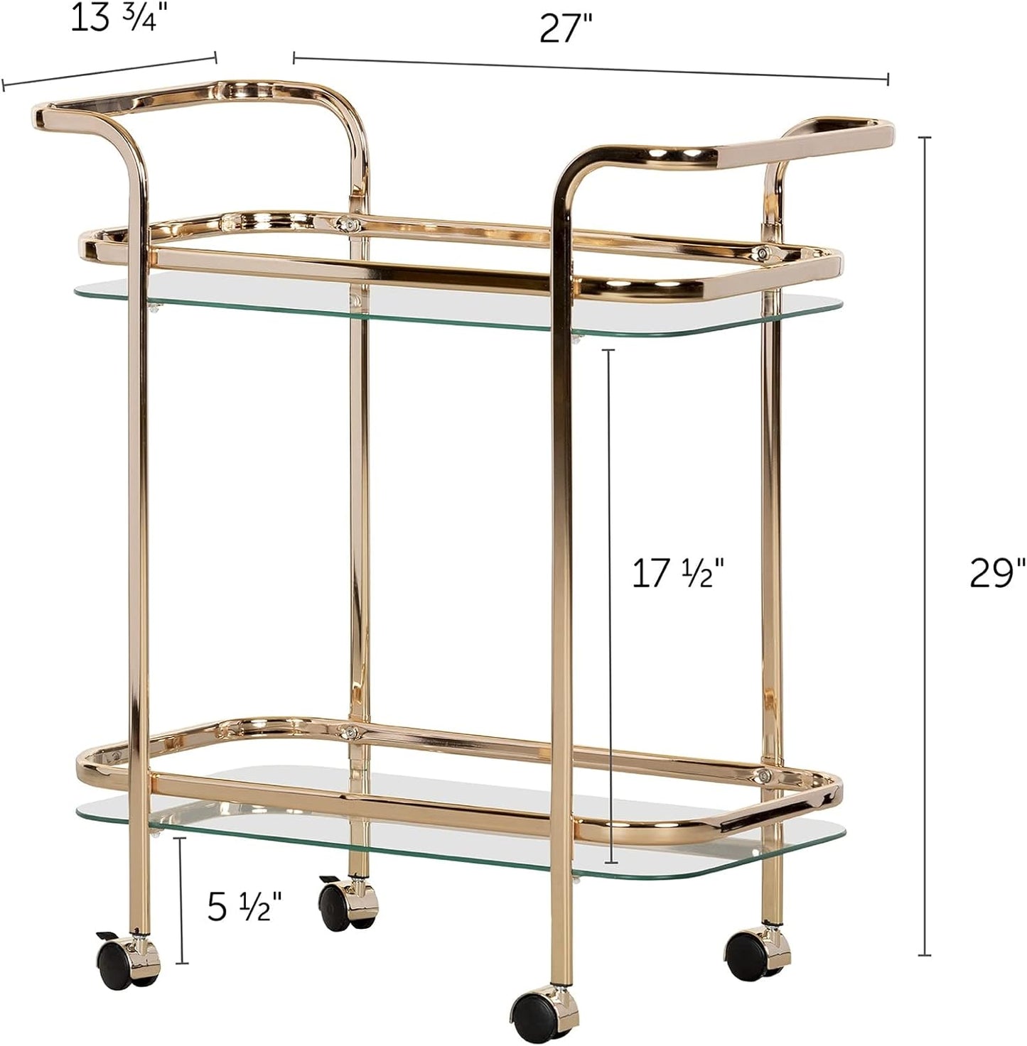 Maliza Bar Cart-Gold and Glass, 13.75"D X 27"W X 29"H
