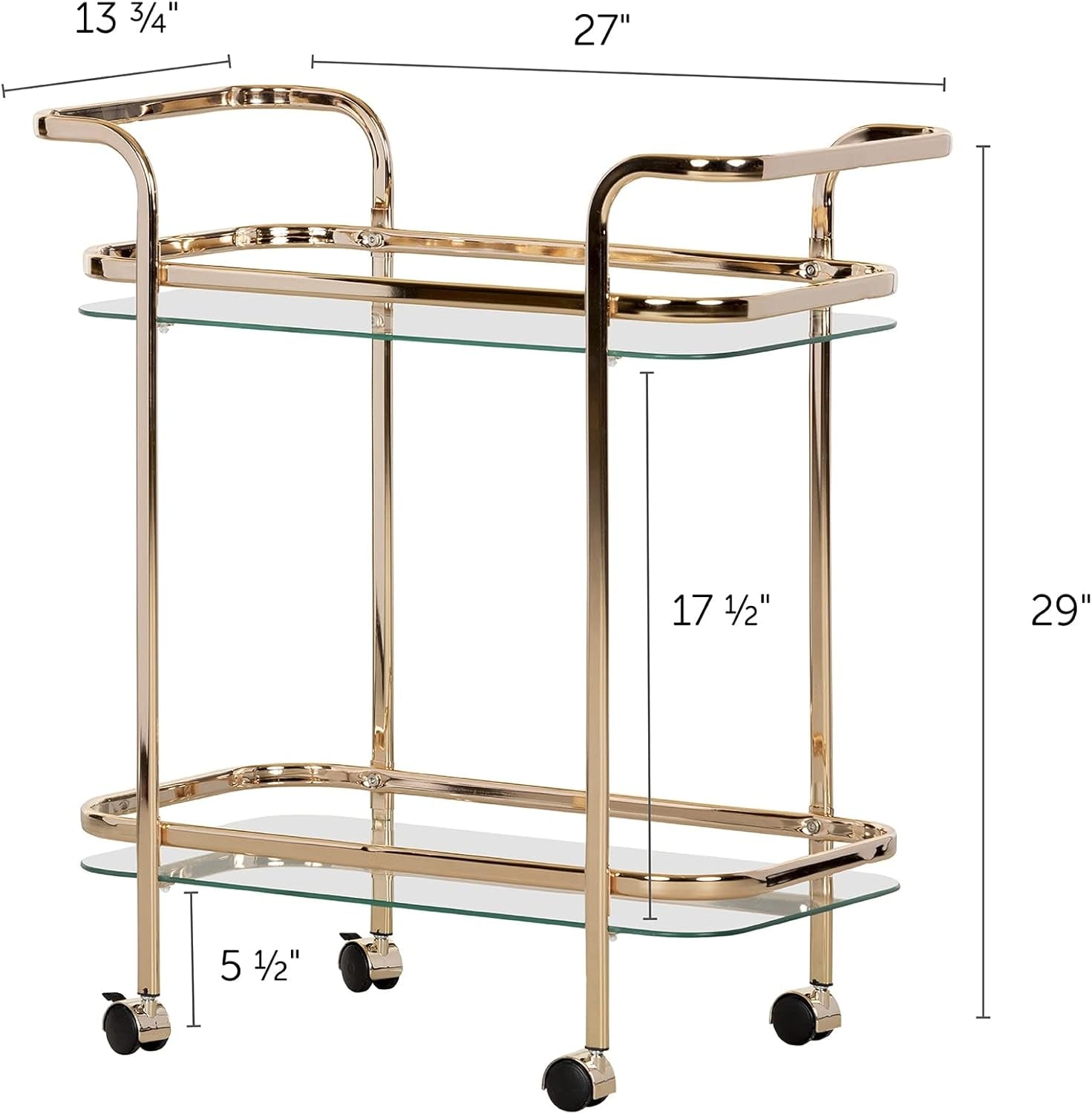Maliza Bar Cart-Gold and Glass, 13.75"D X 27"W X 29"H
