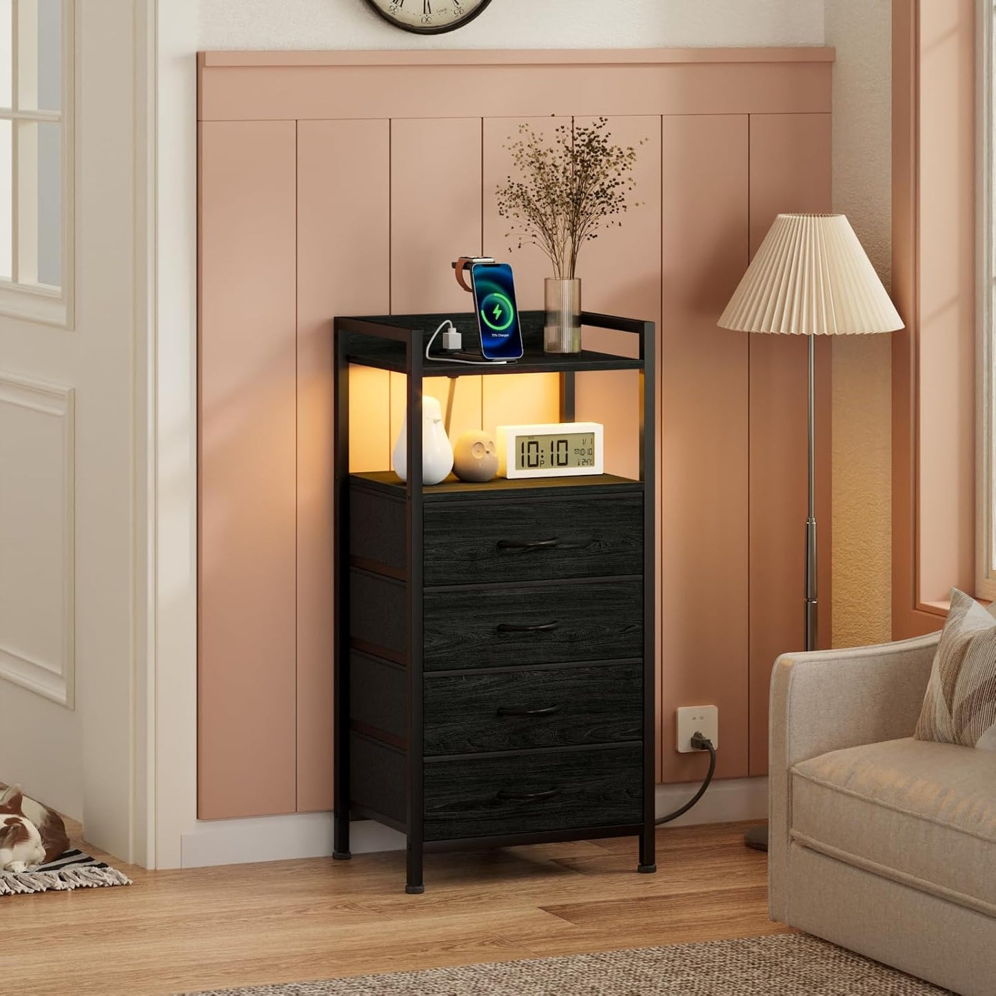 Night Stand with Charging Station, Black Nightstand with Drawers and Led Light, Tall Dresser for Bedroom, Bedside Table with Fabric Storage Bins, Metal Frame, Wood Furniture