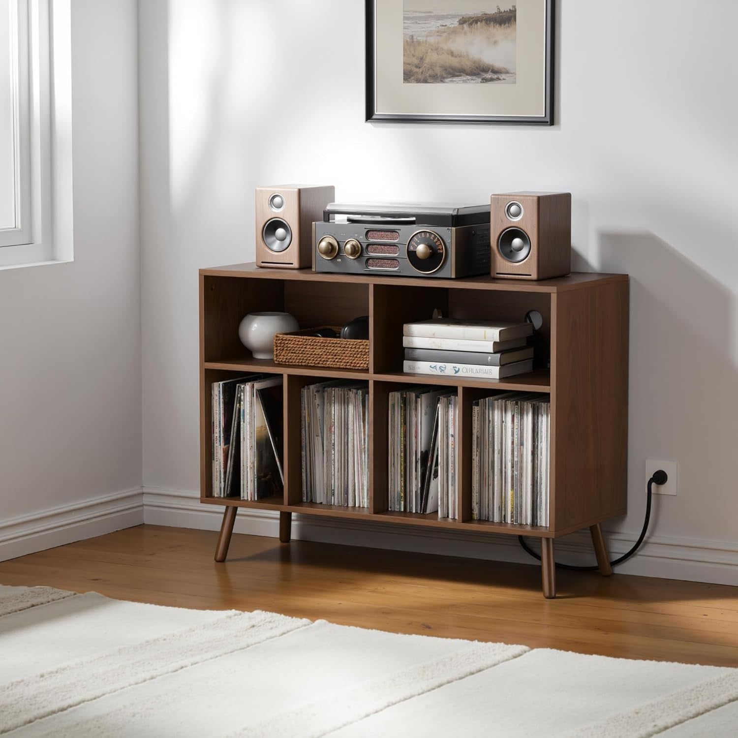 Record Player Stand with Vinyl Storage Cabinet, Wood Turntable Table Open Shelf Holder up to 350 Albums Cube Storage Organizer for Living Room, Office, Brown