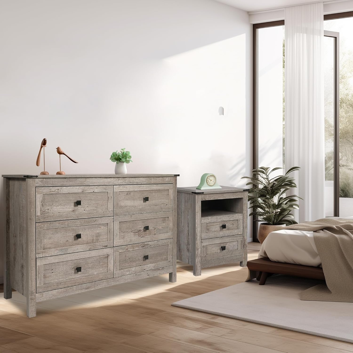 Farmhouse Bedroom Furniture Set, Rustic Wood Double Dresser Chest of Drawers. 6-Drawer Chest of Drawers Wide Storage Organizer Cabinet for Bedroom, Living Room, 1Pc Dresser+1Pc Nightstand