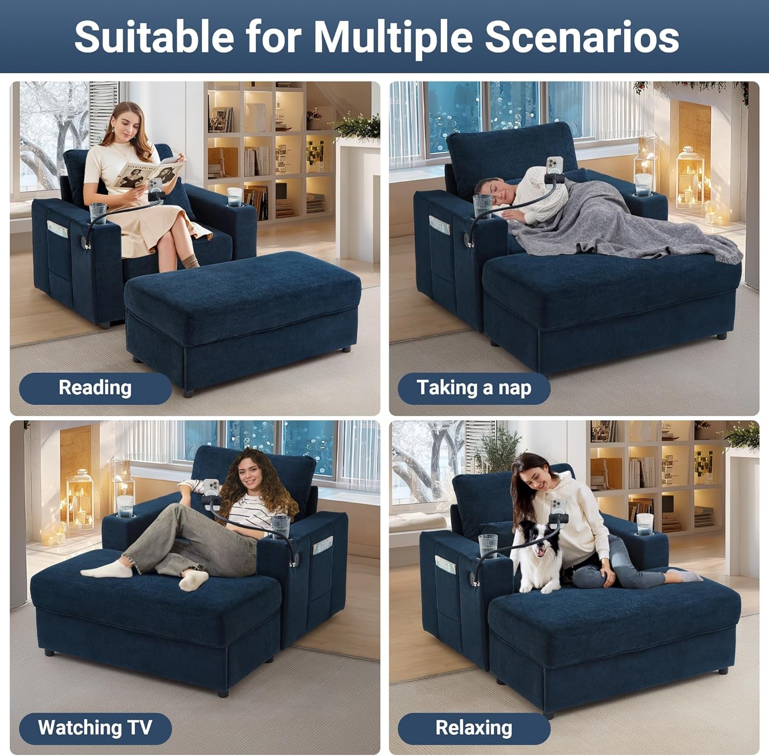 42.5" Chaise Lounge Indoor with a Movable Storage Ottoman, Modern Style Sofa Couch with Dual USB Ports & Cup Holders, a Phone Holder and Side Pockets for Living Room, Blue