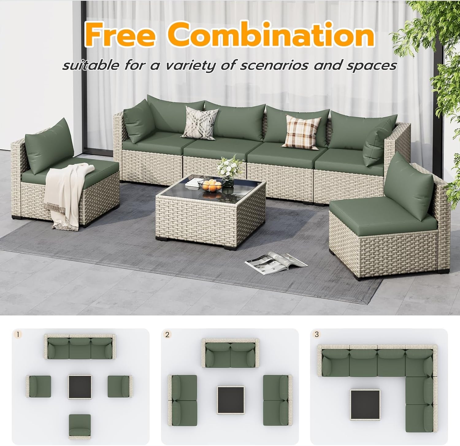 Outdoor Patio Furniture Set, 7-Piece PE Wicker Sectional Sofa with Tea Table, Outdoor Conversation Set for Patio, Garden, Backyard Green