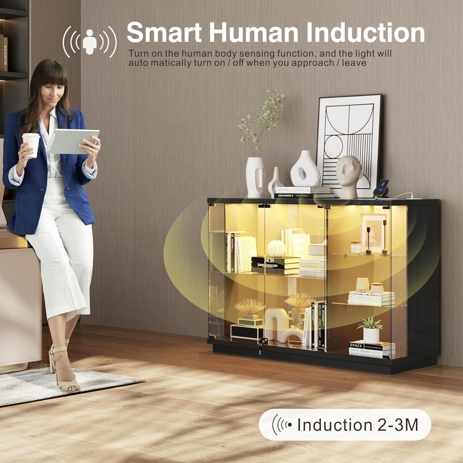 Glass Display Cabinet with Lock & LED Light, High Gloss Sideboard with Human Body Sensor & Glass Shelves for Toys, Books, Collectibles, Liquor, Bookcase for Living Room, Kitchen, Study, Black