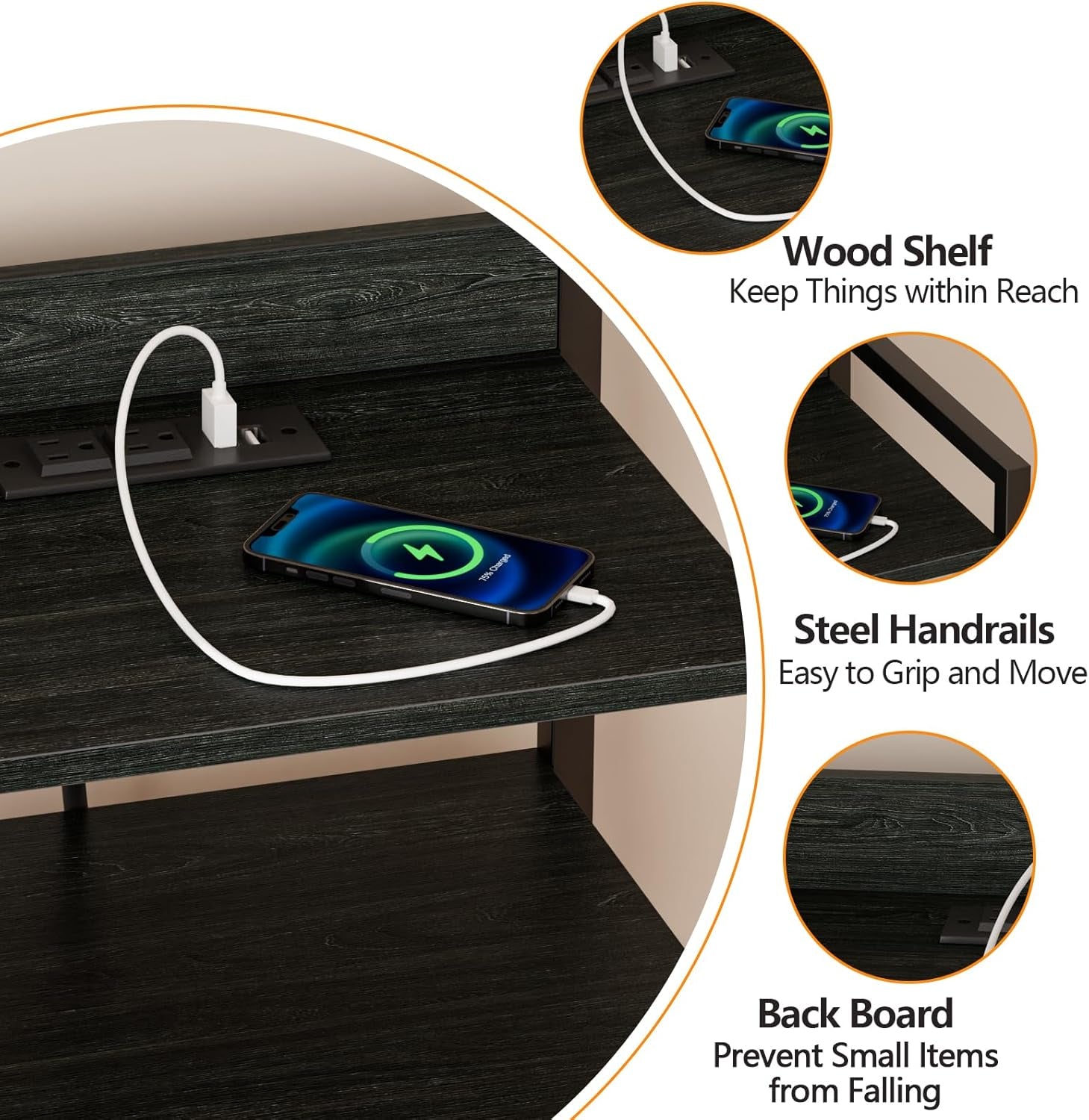 Night Stand with Charging Station, Black Nightstand with Drawers and Led Light, Tall Dresser for Bedroom, Bedside Table with Fabric Storage Bins, Metal Frame, Wood Furniture