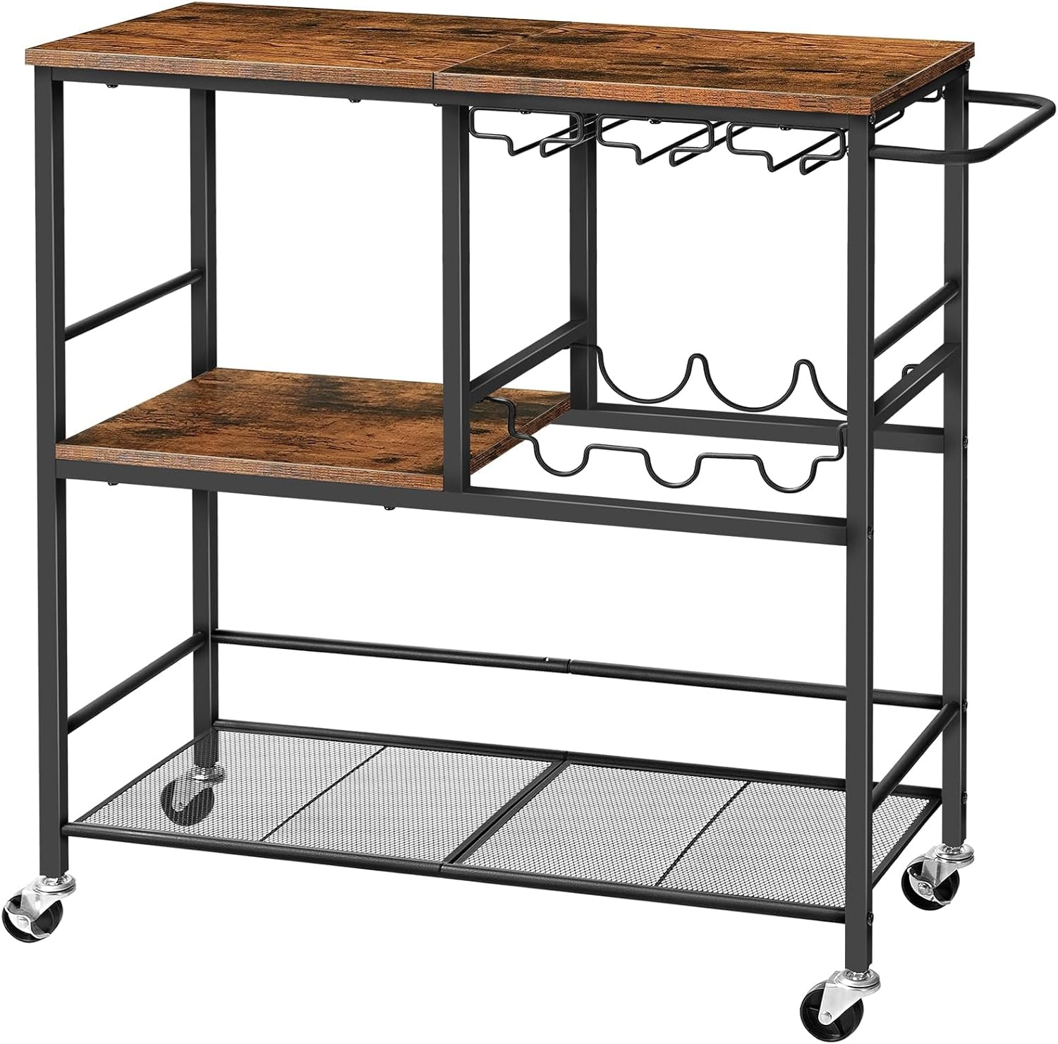 Bar Cart for the Home, 29.5 Inches 3-Tier Serving Cart with Wheels, Rolling Kitchen Cart with Wine Rack and Glass Holder for Living Room, Party, Bar, Rustic Brown and Black BF21TC01G1