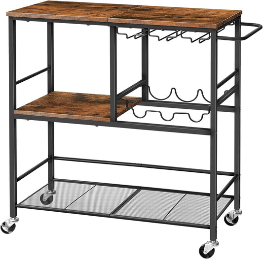 Bar Cart for the Home, 29.5 Inches 3-Tier Serving Cart with Wheels, Rolling Kitchen Cart with Wine Rack and Glass Holder for Living Room, Party, Bar, Rustic Brown and Black BF21TC01G1