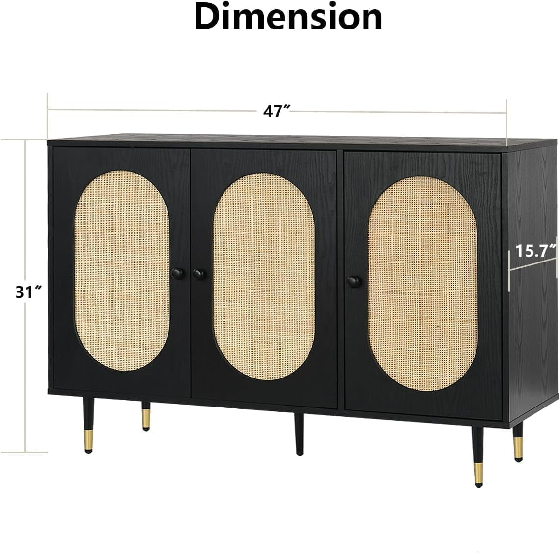 Black Rattan Buffet Cabinet, Rattan 3 Doors Buffet Cabinet with Storage, 47'' Sideboard with Adjustable Shelf for Kitchen, Living Room