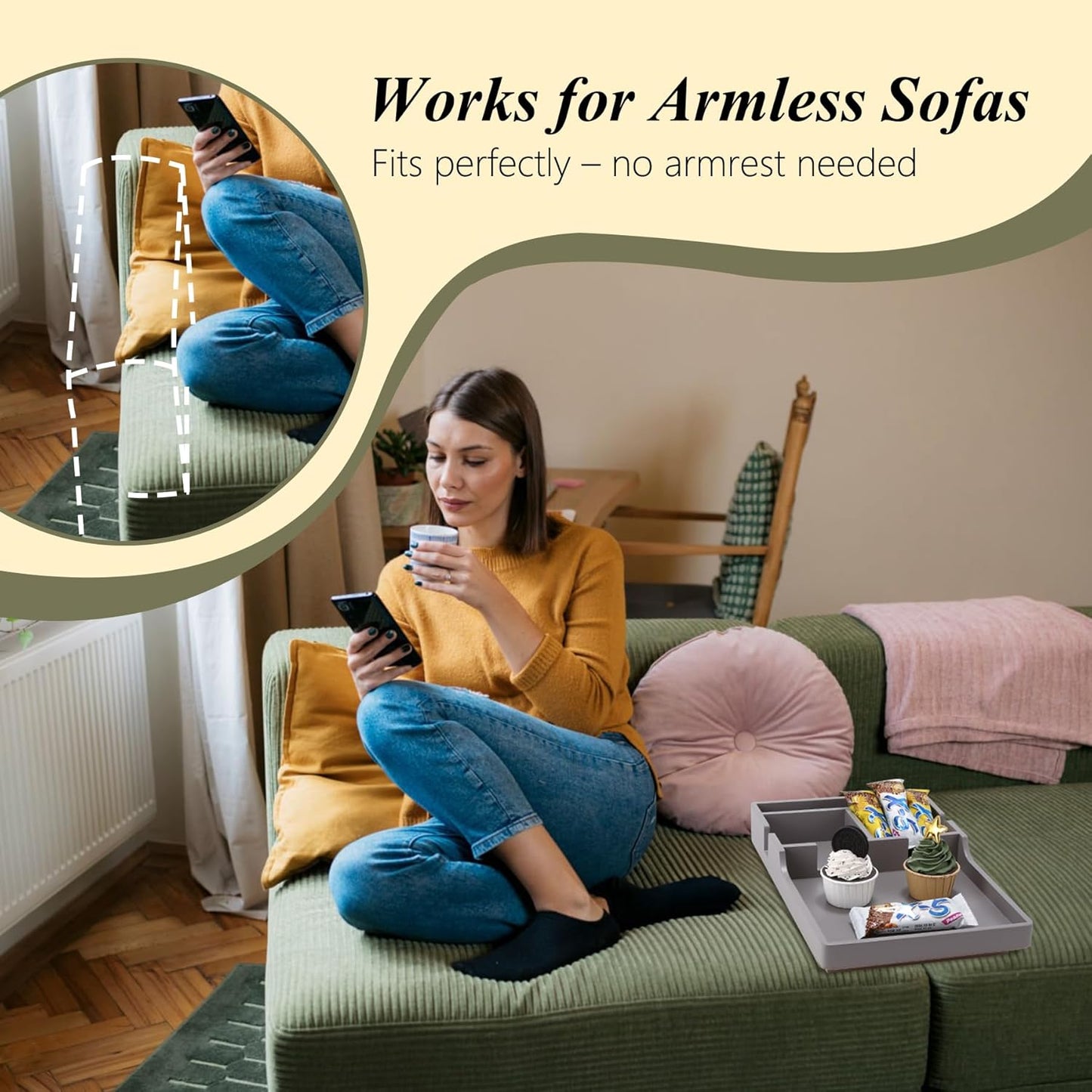 Couch Tray Insert for Middle, Bamboo 15.3″X9.8″ Sofa 2 Cups Holder Table between Couch Cushions, Fit Armless Couch/Sectional, 2-In-1 Fold-Flat Tray for Drink Snack Remote Holder, Gray