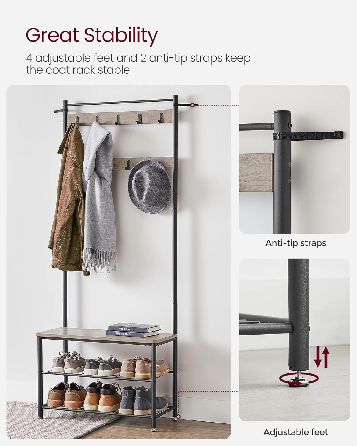 Coat Rack, Hall Tree with Shoe Storage Bench, Entryway Bench with Shoe Storage, 3-In-1, Steel Frame, for Entryway, 12.6 X 27.6 X 68.9 Inches, Industrial, Rustic Brown and Black UHSR41BX