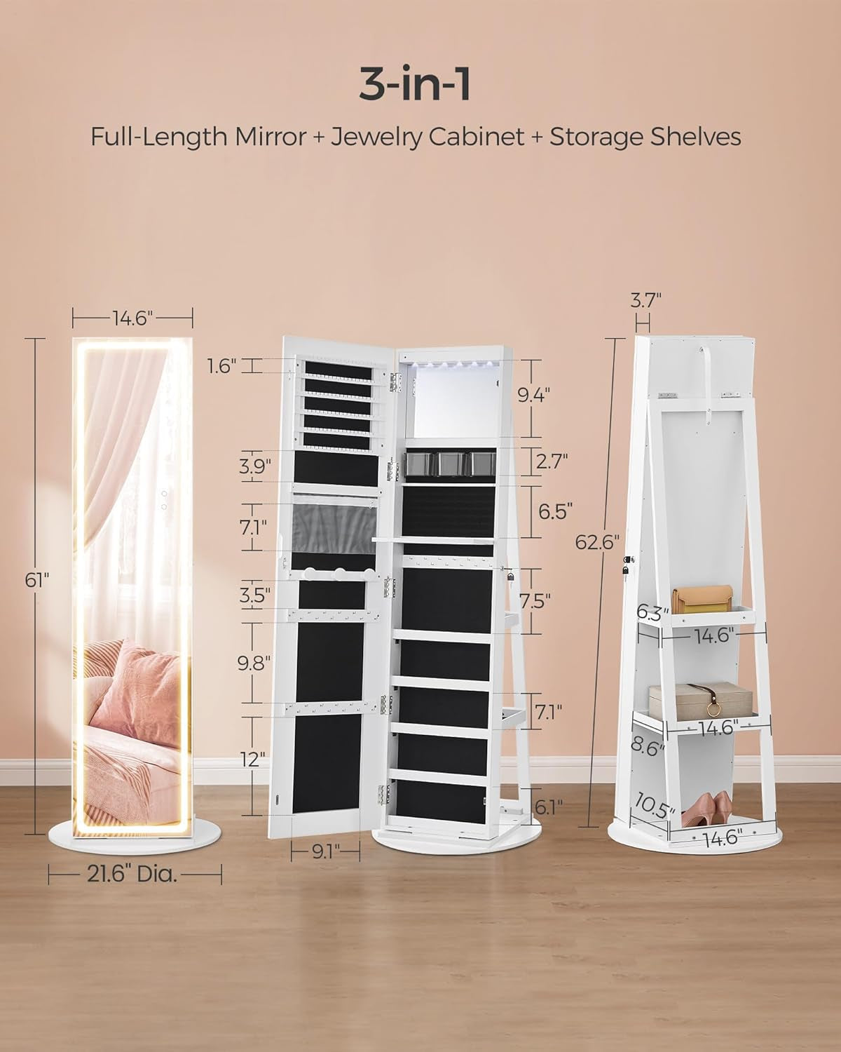 LED Jewelry Cabinet Standing, Lockable Armoire with Full-Length Mirror and Adjustable Lights, Space-Saving Organizer, Gift Idea, Cloud White UJJC008W01