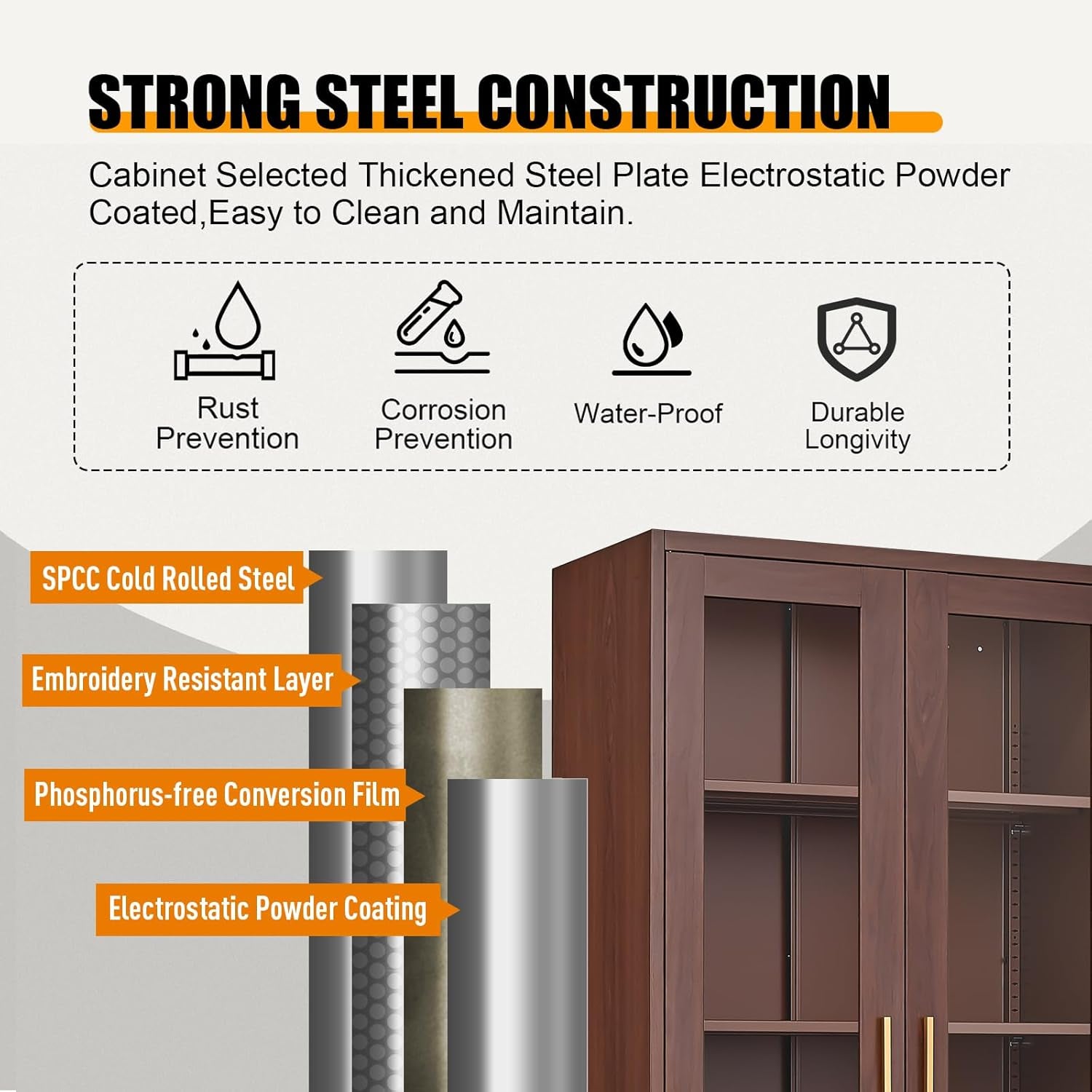 71" Display Cabinet, Metal Kitchen Storage Cabinet, Curio Display Case with Glass Doors and 4 Adjustable Shelves, Locking Cabinets for Kitchen, Hallway, Living Room, Wood Color -Assembly Required