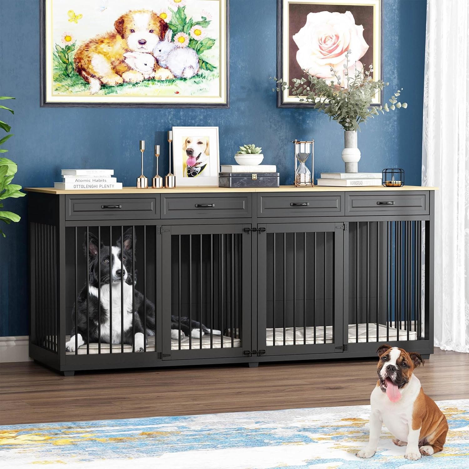 Dog Crate Furniture, 72 Inch Heavy Duty Wooden Large Dog Kennel with Drawers & Divider, Indoor Furniture Style Dog Crate with Double Rooms for Large Medium Small Dogs, Black