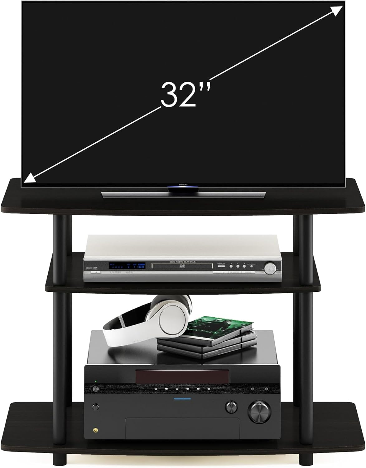 Turn-N-Tube No Tools 3-Tier Entertainment Center TV Stand for TV up to 32 Inch, Plastic round Tubes, Espresso/Black