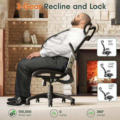 Ergonomic Office Chair, High Back Home Desk Chair with Headrest, Flip-Up Arms, 90-120° Tilt Lock and Wide Cushion, Big and Tall Mesh Chairs for Man Woman, Black Task Chair