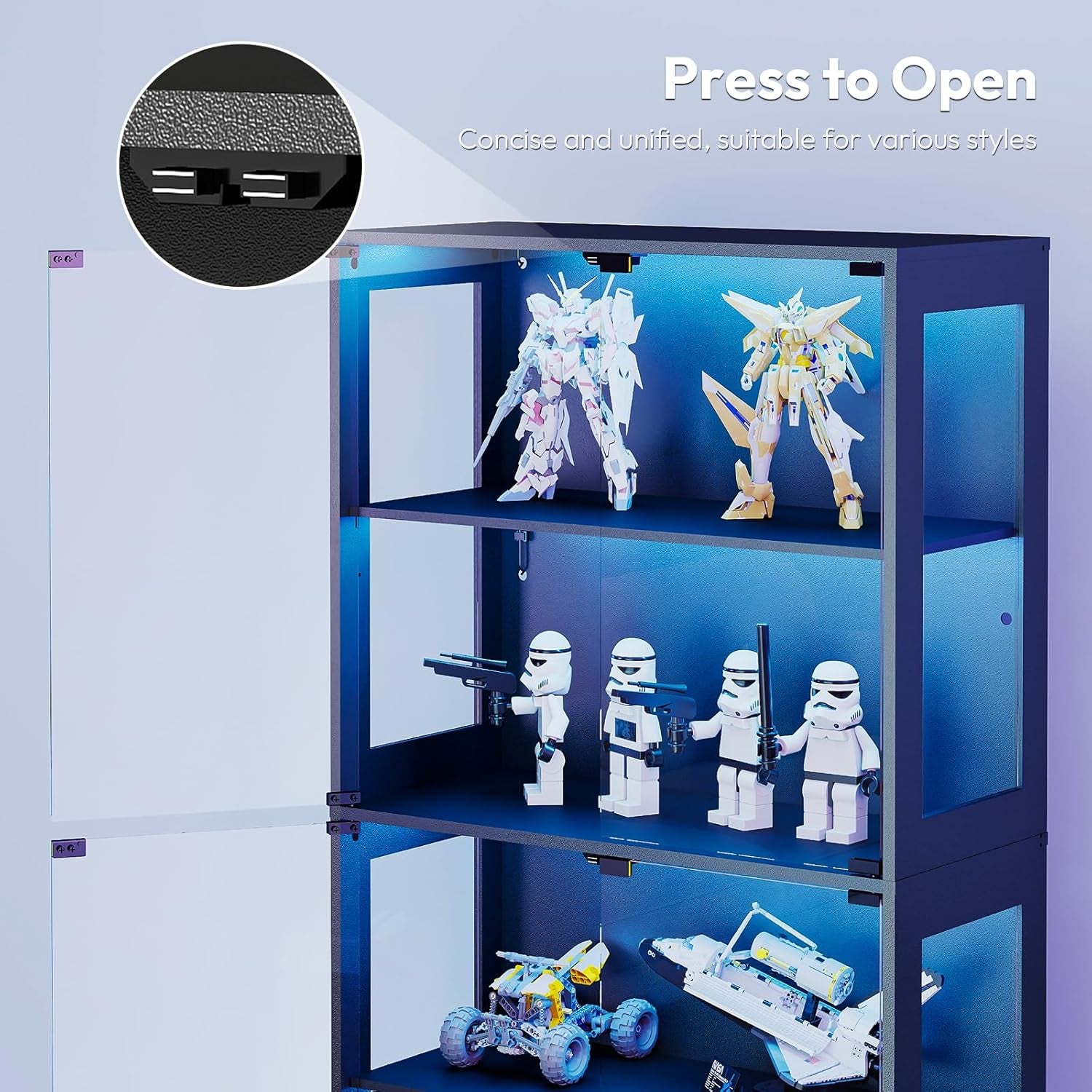 Display Cabinet with Lights - 67" Curio Cabinet for Collectibles with Glass Door and 2 Drawers, 4 Tier Glass Display Case for Living Room, Black