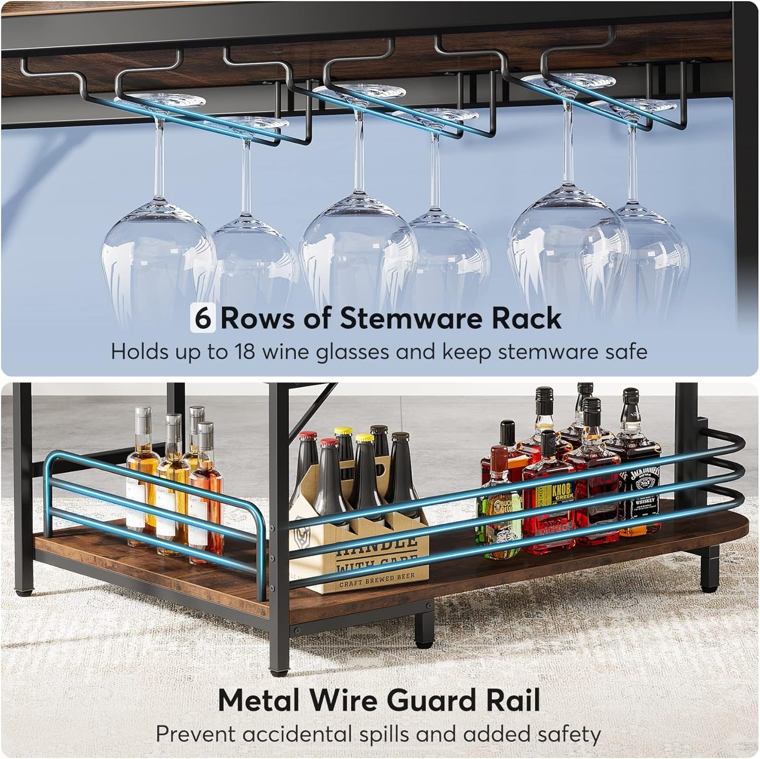 L-Shaped Home Bar Unit, 3 Tier Liquor Table with Storage Shelves and Wine Glasses Holder, Industrial Corner Wine Cabinet Mini Bar for Home Kitchen Pub, Rustic Brown