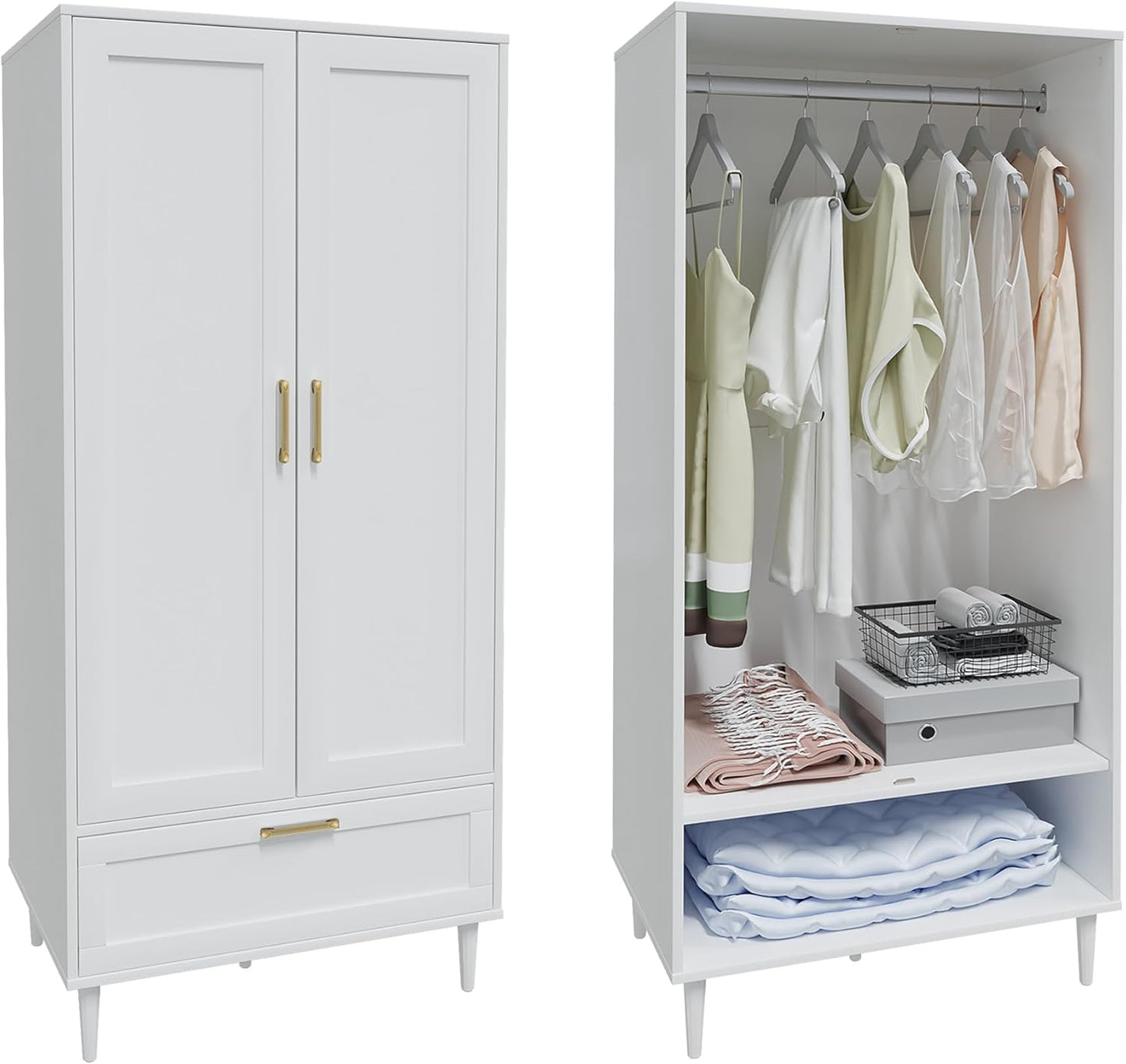Bedroom Armoire Wardrobe Closet with Hanging Rod,60" 2 Door Almirah for Clothes with Drawers,Morden Storage Cabinet,White