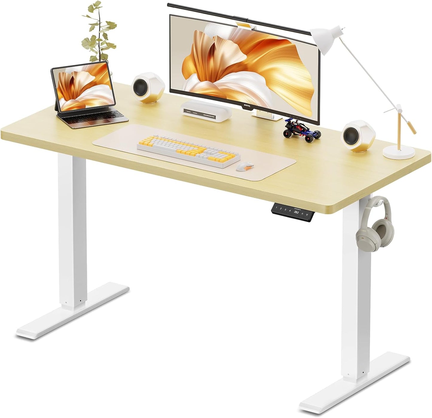48X24 Inches Height Adjustable Electric Standing Desk with 2 Hooks for Home Office, Ergonomic Sit Stand up Desk with Splice Board, Oak
