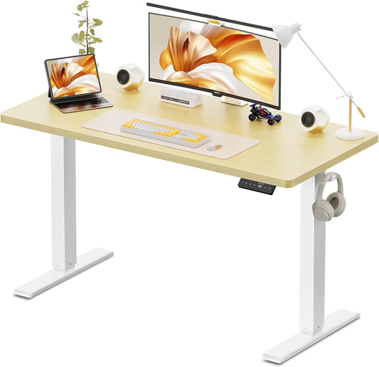 48X24 Inches Height Adjustable Electric Standing Desk with 2 Hooks for Home Office, Ergonomic Sit Stand up Desk with Splice Board, Oak