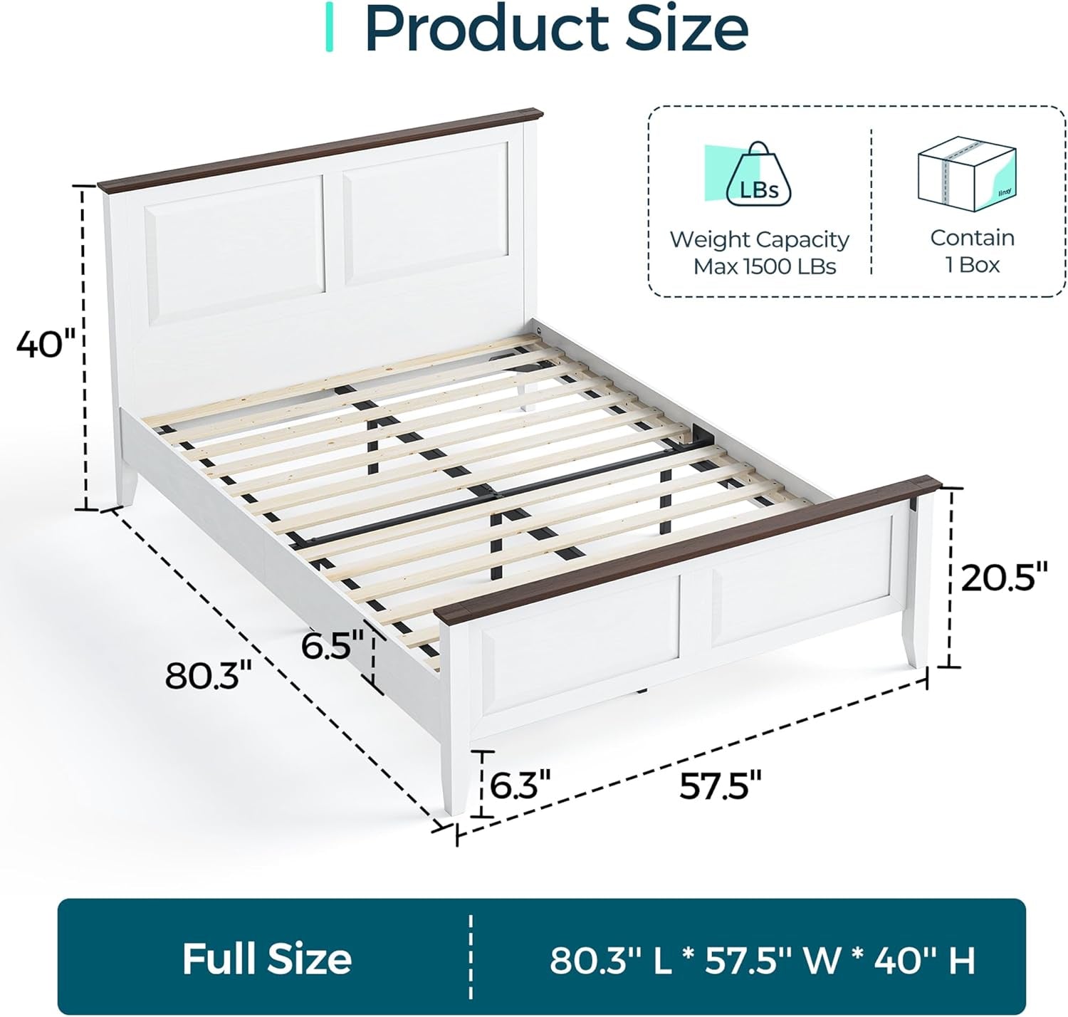 Farmhouse Bed Frame, Full Bedframe with Headboard and Footboard, Wooden Bed Frame with Solid Wood Slats, Rustic White Platform Bed Frames Full Size, No Box Spring Needed