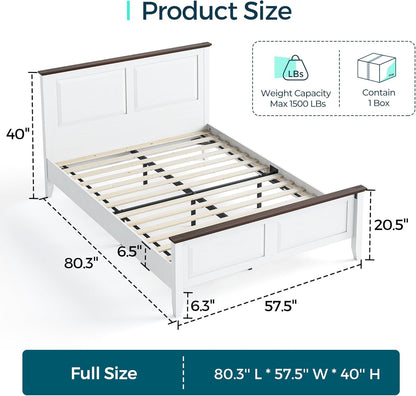 Farmhouse Bed Frame, Full Bedframe with Headboard and Footboard, Wooden Bed Frame with Solid Wood Slats, Rustic White Platform Bed Frames Full Size, No Box Spring Needed