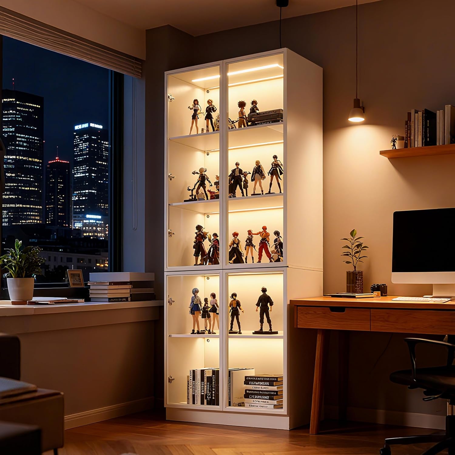 79'' Tall Glass Display Cabinet with LED Lights,Showcase with Glass Doors,5-Tier Curio Cabinet for Collectibles Bookcase,Storage Shelf, Bookcase (White- 5 Layers, Large)