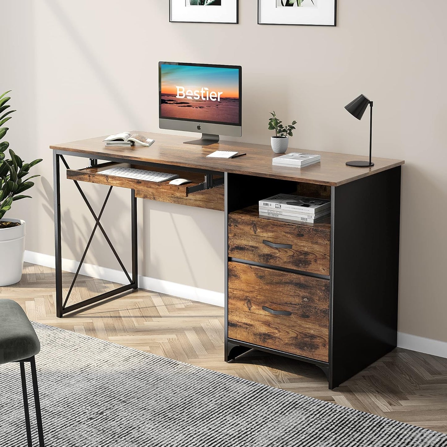 Office Desk with Drawers, 55 Inch Industrial Computer Desk with Storage, Wood Teacher Desk with Keyboard Tray & File Drawer for Home Office, Rustic Brown