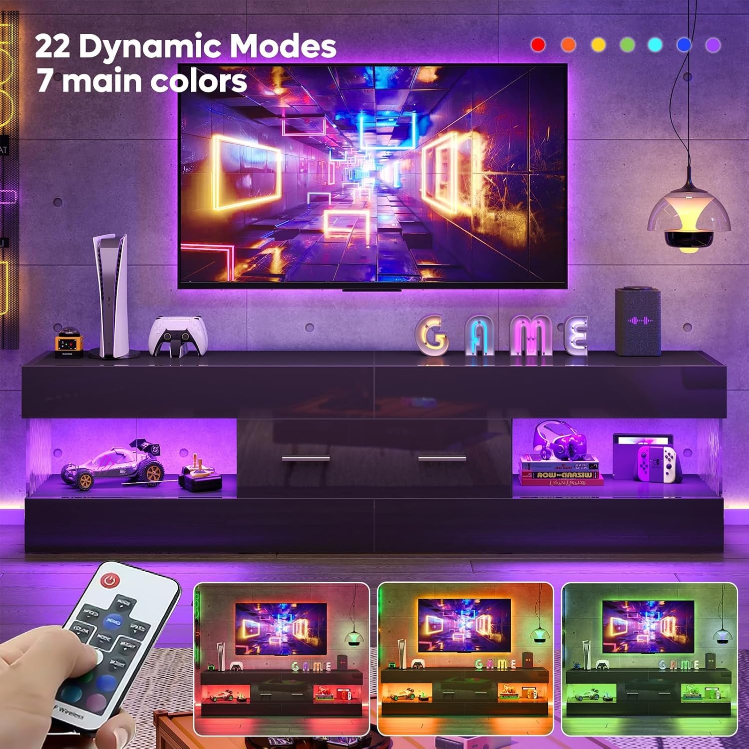 Black TV Stand for 55/60/65 Inch TV, High Gloss Modern TV Stand with Stone-Patterned Side Panels, LED Entertainment Center with Large Drawer, TV Consoles for Living Room, Bedroom