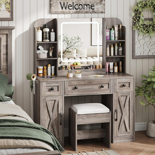 Makeup Vanity Desk, Vanity Mirror with Lights Desk and Chair,Makeup Table with 3 Large Drawers and 2 Cabinets, Time and Temperature Display, 3 LED Lighting Modes Adjustable, Grey