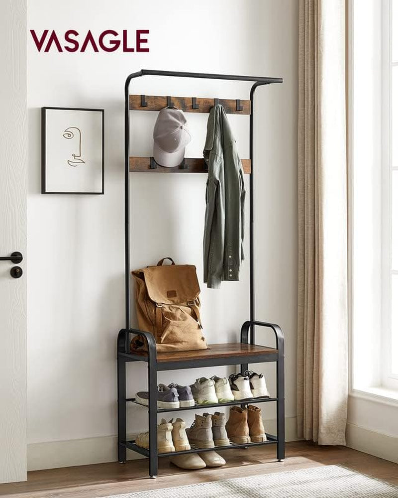 Coat Rack, Hall Tree with Shoe Bench for Entryway, Entryway Bench with Coat Rack, 4-In-1, with 9 Removable Hooks, a Hanging Rod, 13.3 X 28.3 X 72.1 Inches, Greige and Black UHSR40MB
