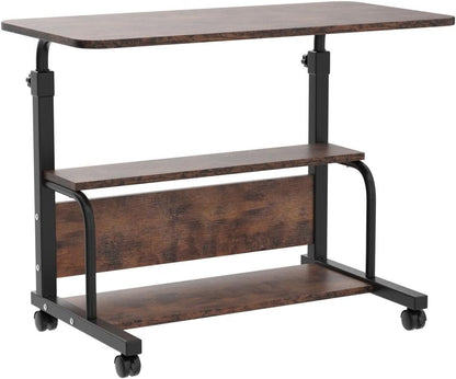 Portable Rolling Desk on Wheels Adjustable Height Desks for Small Spaces, 32" Computer Desk Drafting Tables with Storage Shelves for Home Office Rustic
