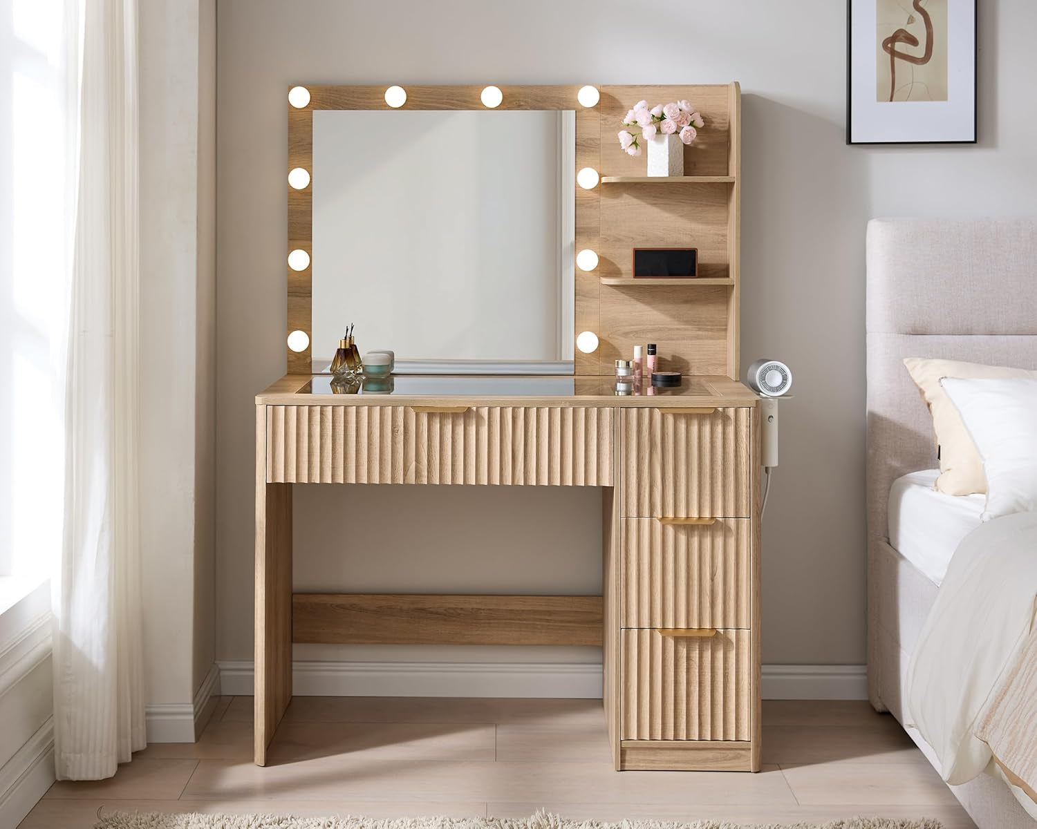 36.2" Fluted Vanity Desk with Mirror and Adjustable LED Lights, Large 4 Drawers Makeup Table with Glass Top and Charging Station for Women and Girls, Bedroom or Dorm, Natural Oak