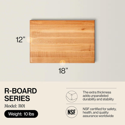 R-Board Series Rectangular Wooden Maple Cutting Board 18”X12” – 1.5” Thick, 10-Lb Reversible Butcher Block with Edge-Grain & Finger Grips – Made in the USA