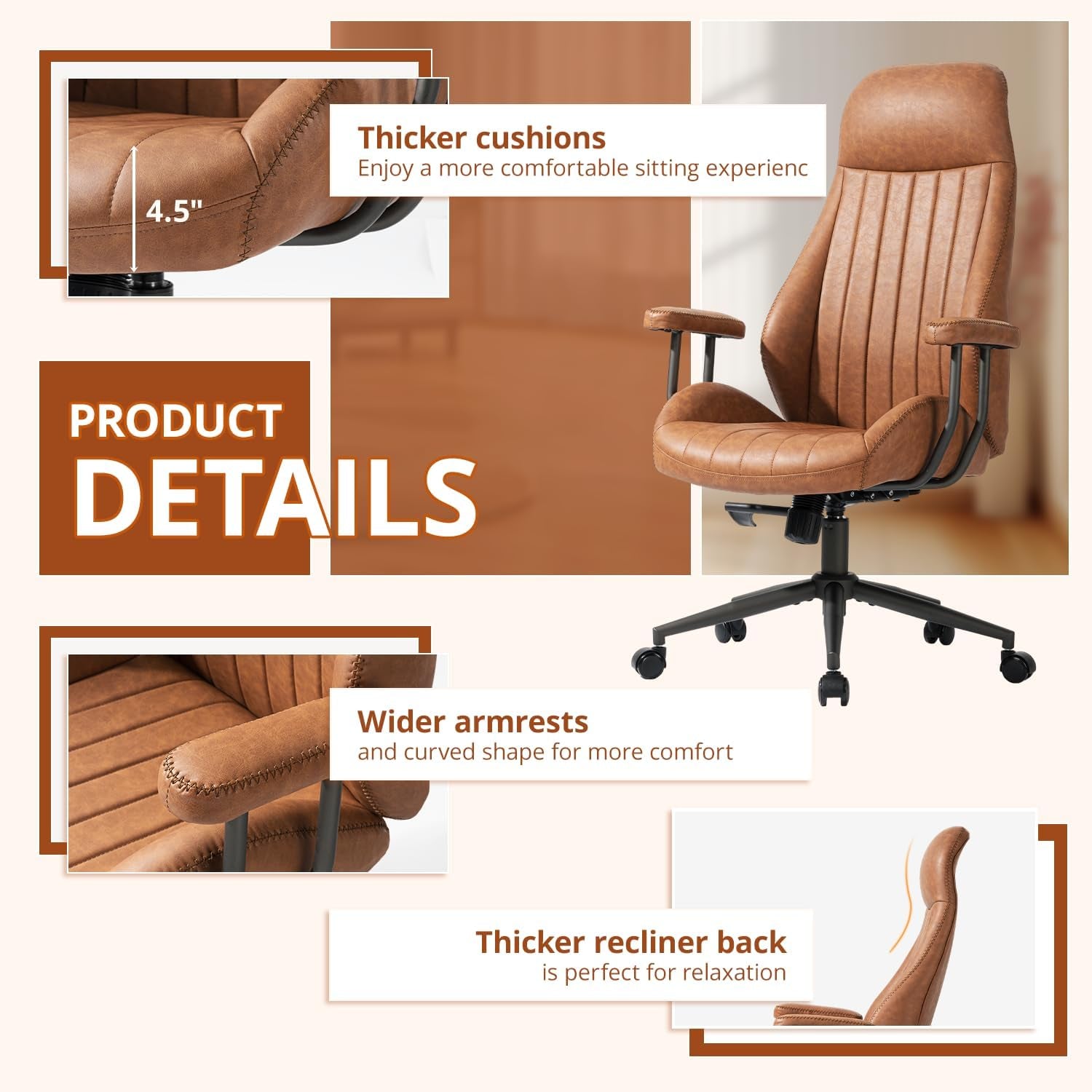 High Back Ergonomic Office Chair 330LBS, Reclining Swivel Desk Chair with Adjustable Height, Thickened Cushions, Comfy Executive Armchair for Home Office Gaming