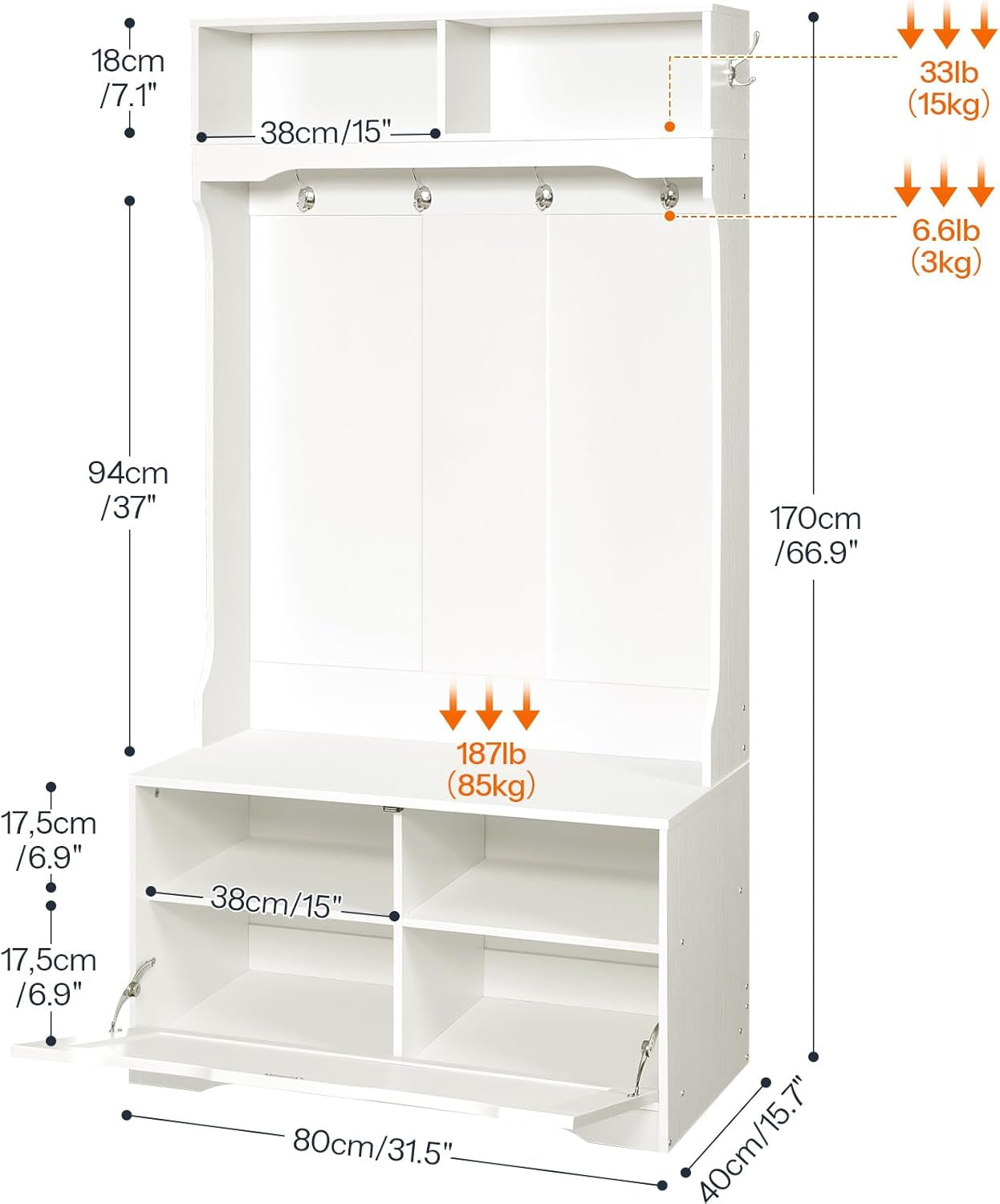 Hall Tree with Bench and Shoe Storage, Entryway Bench with Coat Rack and Shoe Cabinet, Flip-Down Cabinet Door, Coat Rack with Shoe Rack, for Mud Room, White WT84MT01