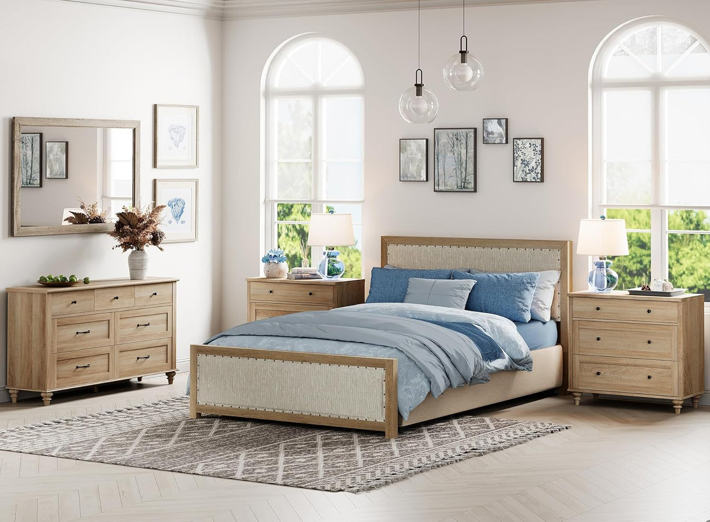 3 Piece Bedroom Set - Includes Farmhouse 7 Drawer Dresser, Set of 2 Bedside Tables with 3 Drawers, 3 Piece Dresser and Nightstand Sets, Oak