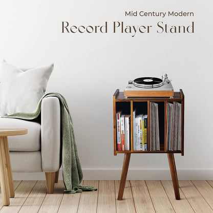 Wooden LP Record Player Stand with 4 Cabinets, Holds up to 100 Vinyls, Metal Record Storage Holder and Organizer Table, Classical Design for Files/Book (Mid-Century Modern)