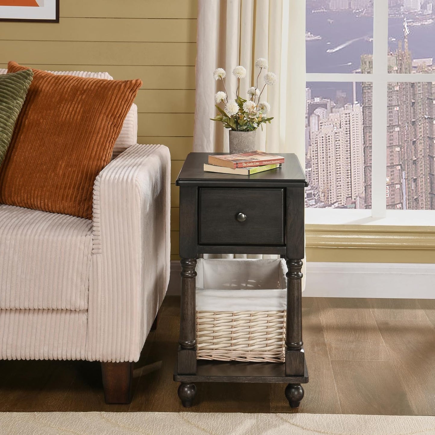 Solid Wood End Table Narrow Side Table with Drawer, Cherry Wood End Table Living Room, 13" W Slim Bedside Table Small Nightstand, 22" D X 22.7" H, No-Tools Assembly, Rustic Black BBJ-004-BK