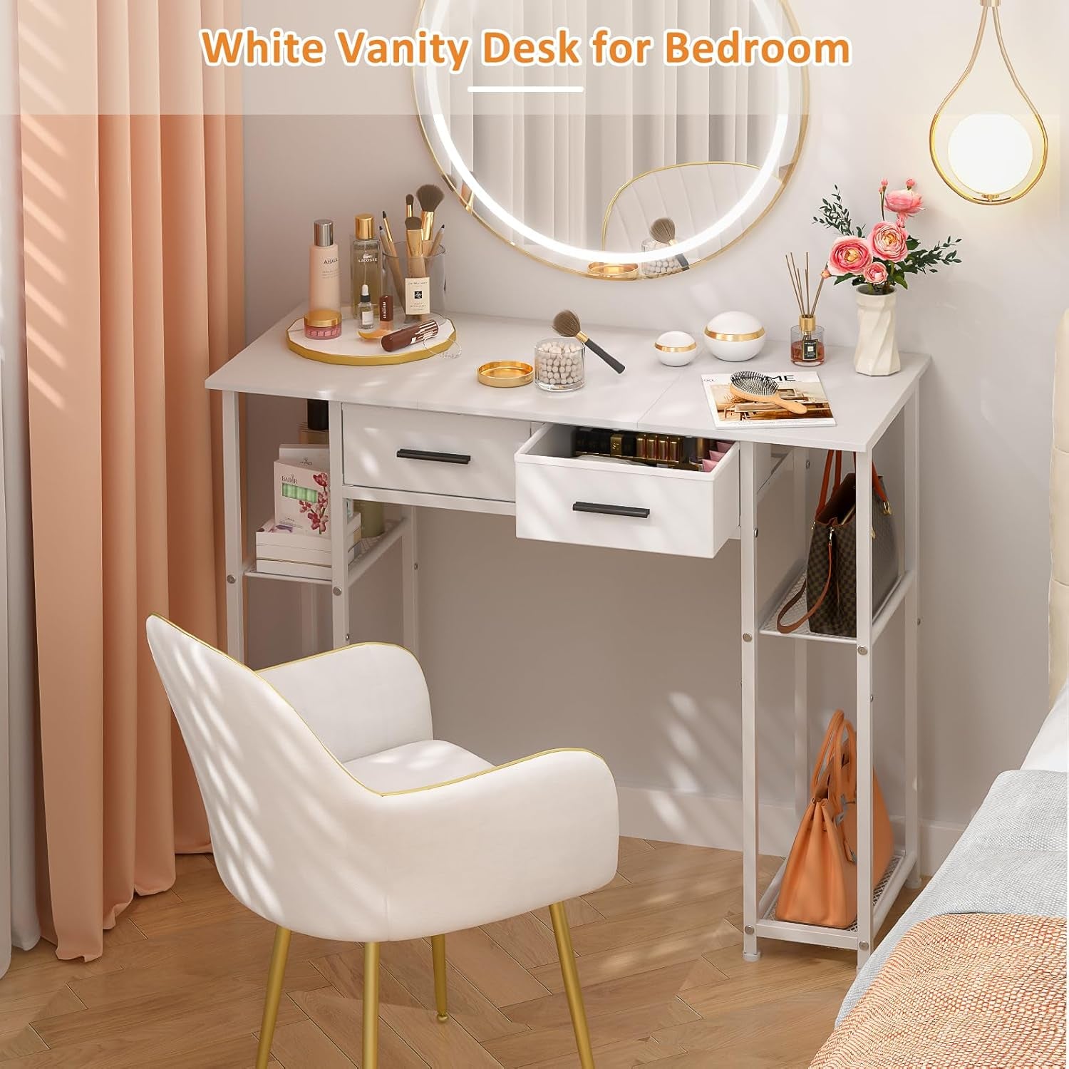 White Computer Desk with Drawers, 37.3 Inch Home Office Work Desk with Storage Shelf, Kids Teens Study Table for Small Space, Small Writing PC Table for Bedroom Makeup Vanity Desk