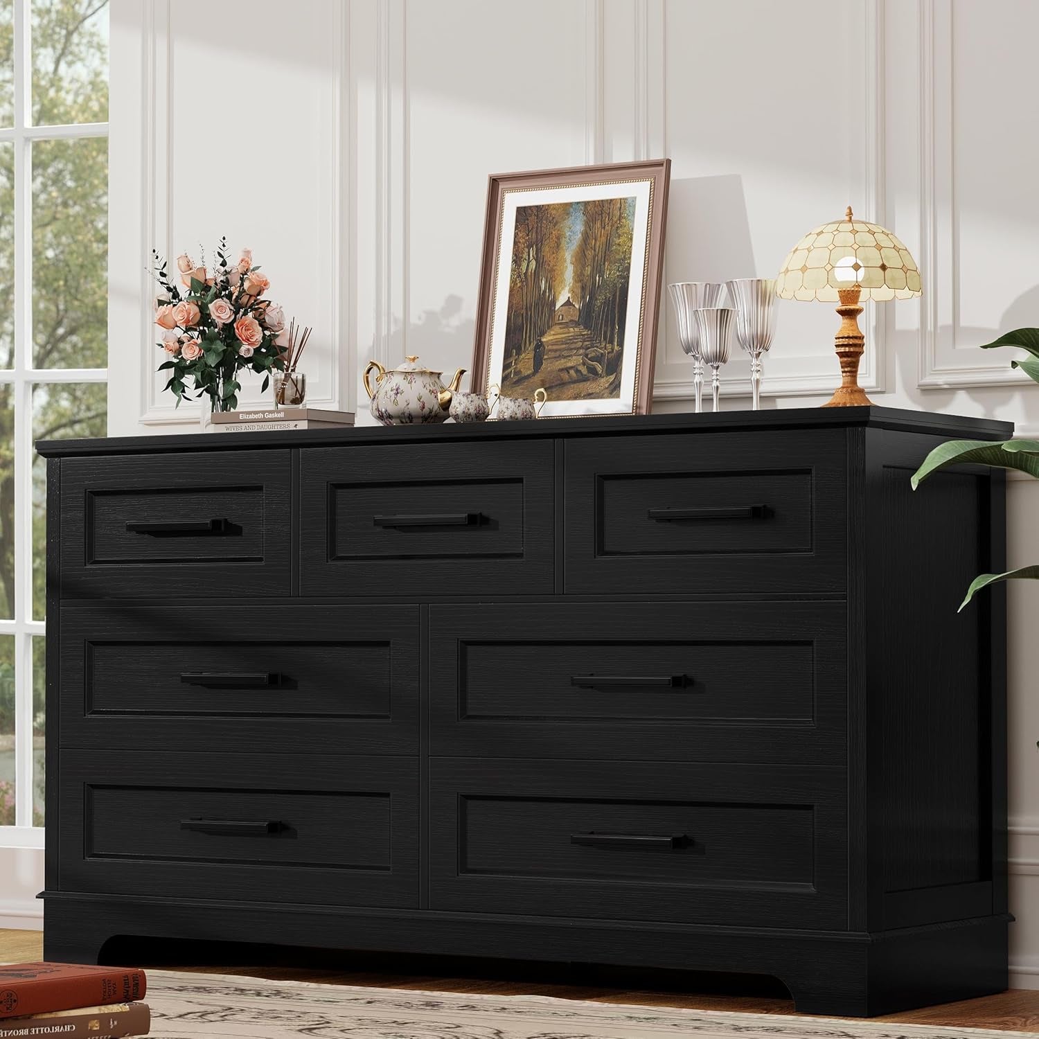 Dresser for Bedroom, Farmhouse 7 Drawers Dresser, Chest of Drawer Chest, Multi-Tier Clothing Storage Cabinet, Black