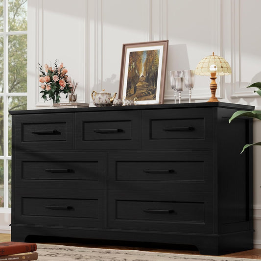 Dresser for Bedroom, Farmhouse 7 Drawers Dresser, Chest of Drawer Chest, Multi-Tier Clothing Storage Cabinet, Black