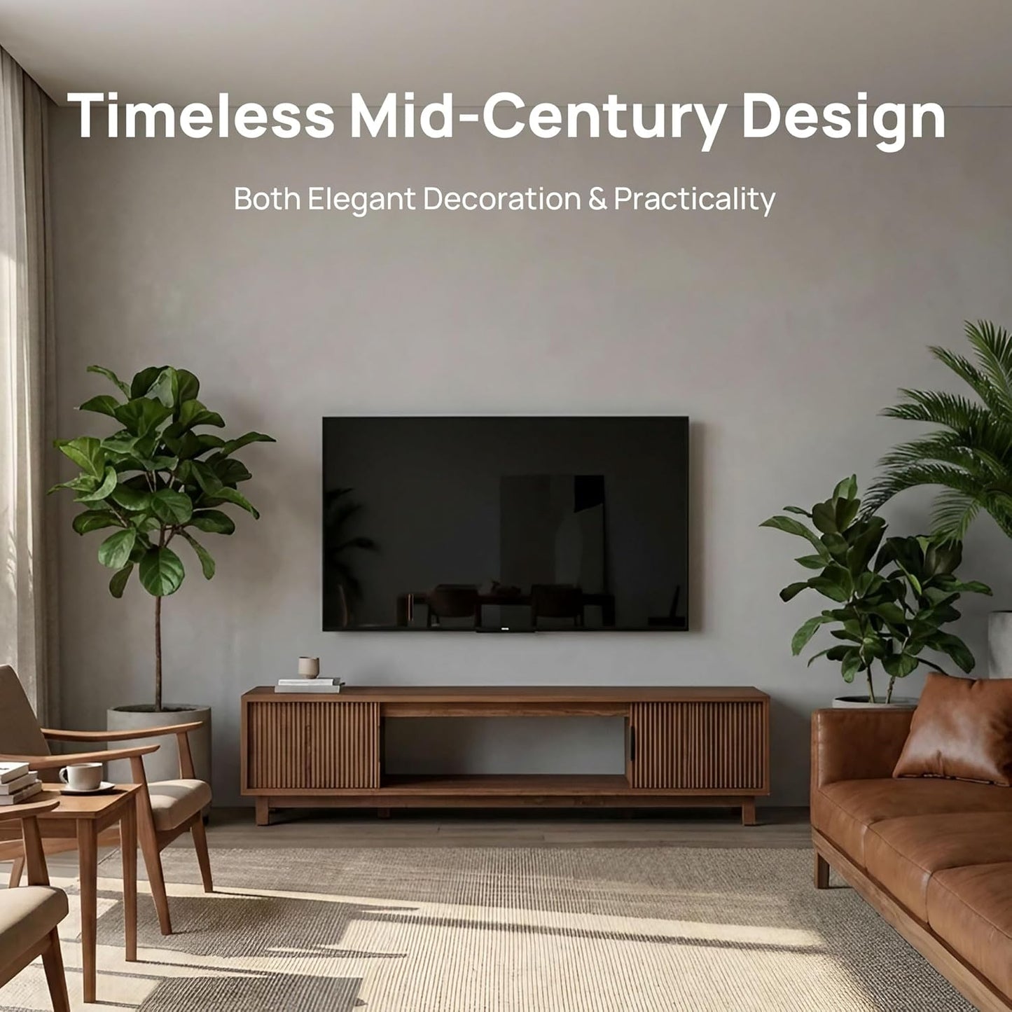 Fluted TV Stands for Living Room, 70" Mid Century Modern Entertainment Center with Storage, Brown Walnut TV Console for 65/75/80 Inch TV, Wood Television Media Cabinet for Bedroom
