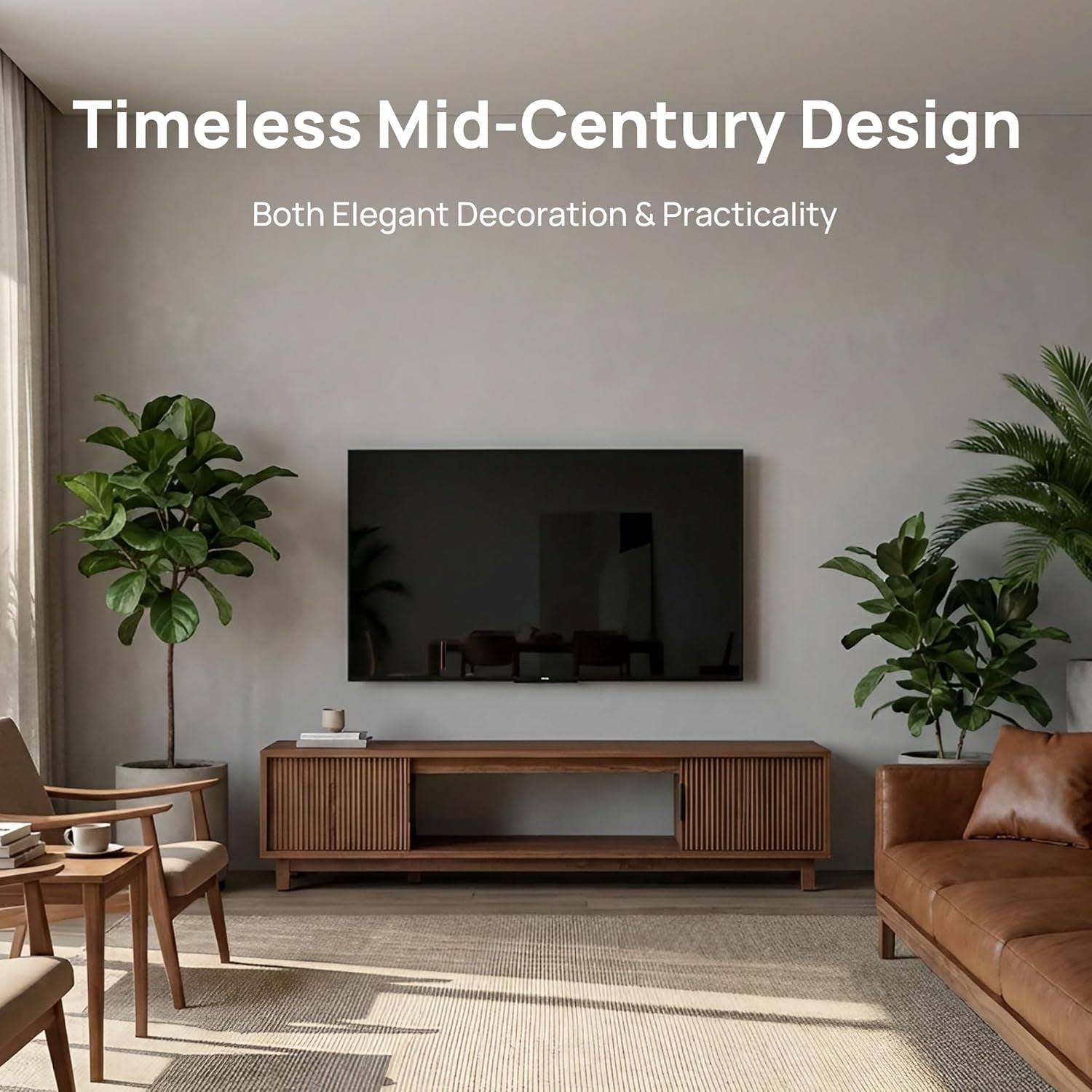 Fluted TV Stands for Living Room, 70" Mid Century Modern Entertainment Center with Storage, Brown Walnut TV Console for 65/75/80 Inch TV, Wood Television Media Cabinet for Bedroom