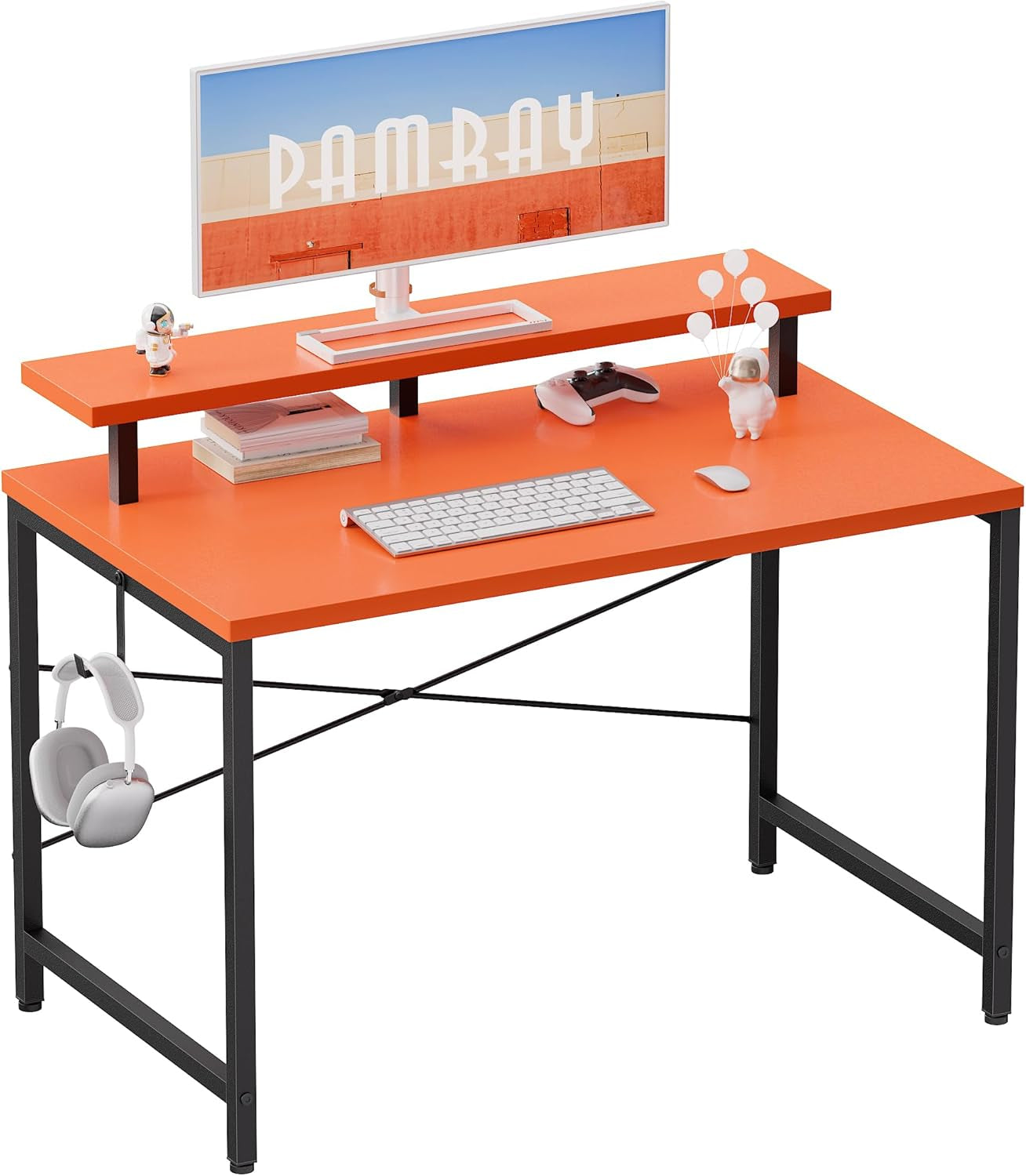 32 Inch Small Computer Desk with Monitor Stand, Simple Office Desk with Headphone Hook for Small Spaces, Kids Study Writing Table for Bedroom, Orange